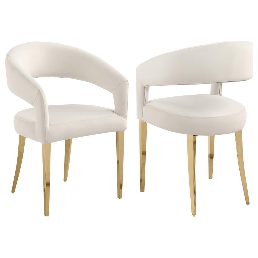 Change the aesthetics of your modern dining room with a refined set of two dining chairs. They-'re designed with a rounded back and sloping arms with a floating look, creating a sense of open, airy ambiance. The chairs are padded with foam, ensuring excel