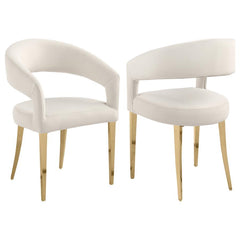 Change the aesthetics of your modern dining room with a refined set of two dining chairs. They-'re designed with a rounded back and sloping arms with a floating look, creating a sense of open, airy ambiance. The chairs are padded with foam, ensuring excel