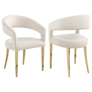 Change the aesthetics of your modern dining room with a refined set of two dining chairs. They-'re designed with a rounded back and sloping arms with a floating look, creating a sense of open, airy ambiance. The chairs are padded with foam, ensuring excel