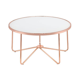 This Alivia modern occasional table brings a unique yet classy look to your living room. With effortless infusion of frosted glass and unique retro inspired rose gold metal base, this piece will naturally blend in your living room, making it a statement o