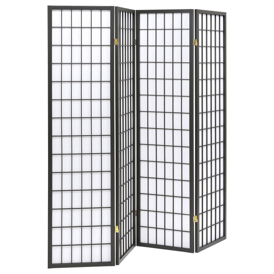 Fresh modern style brings a fun and functional addition to any space. Make this folding screen a staple in a modern living area or a commercial venue in need of privacy screens. With a linear grid design, it reflects a contemporary motif. Four hinged scre