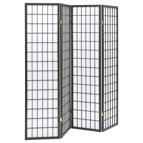 Fresh modern style brings a fun and functional addition to any space. Make this folding screen a staple in a modern living area or a commercial venue in need of privacy screens. With a linear grid design, it reflects a contemporary motif. Four hinged scre