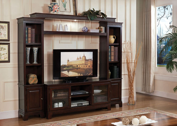 The Halden collection transitional style will blend masterfully in your living room area. This set features a shelf bridge with light function, and its two side piers offer plenty of space to keep entertainment components or your favorite decorative acces
