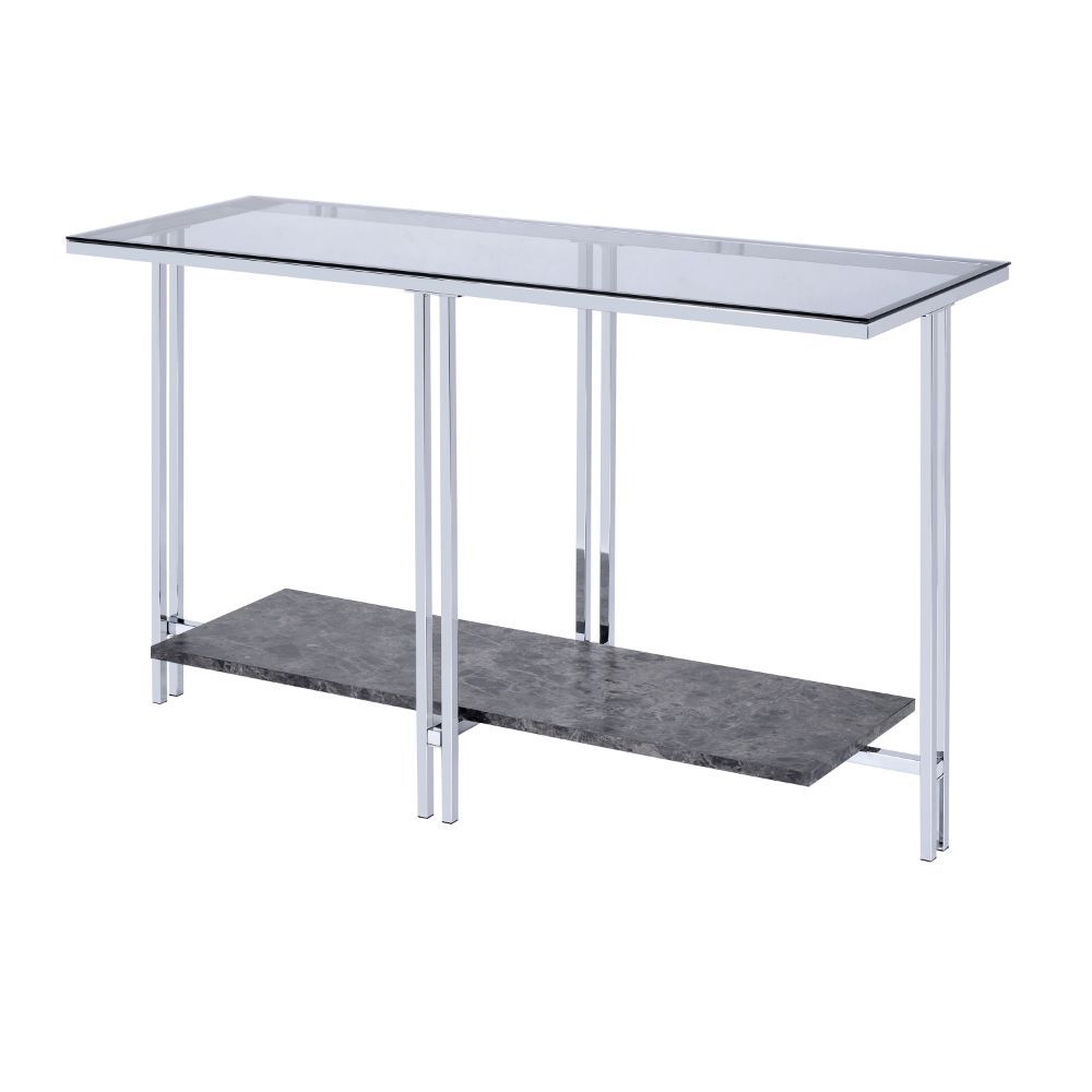 KD, Rectangular Sofa Table â€¢ Storage: Open Compartment (1 Wooden Shelf, Fixed) â€¢ Features: Glass Top, Faux Marble Shelf, Metal Leg Base (Open Base) â€¢â€¢ CONSTRUCTION â€¢â€¢ TOP) GLASS: 5mm (NO Apron) â€¢ SHELF) Faux Marble: Paper Veneer, PB () â€¢ B