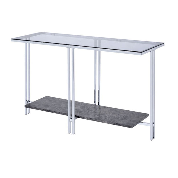 KD, Rectangular Sofa Table â€¢ Storage: Open Compartment (1 Wooden Shelf, Fixed) â€¢ Features: Glass Top, Faux Marble Shelf, Metal Leg Base (Open Base) â€¢â€¢ CONSTRUCTION â€¢â€¢ TOP) GLASS: 5mm (NO Apron) â€¢ SHELF) Faux Marble: Paper Veneer, PB () â€¢ B