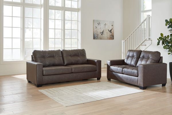 Everyday comfort meets versatile style in this matching sofa and loveseat set. The handsome hue of the goes-with-anything faux leather takes away the stress of styling, expertly pairing with your existing aesthetic. From kicking back on the weekends to re
