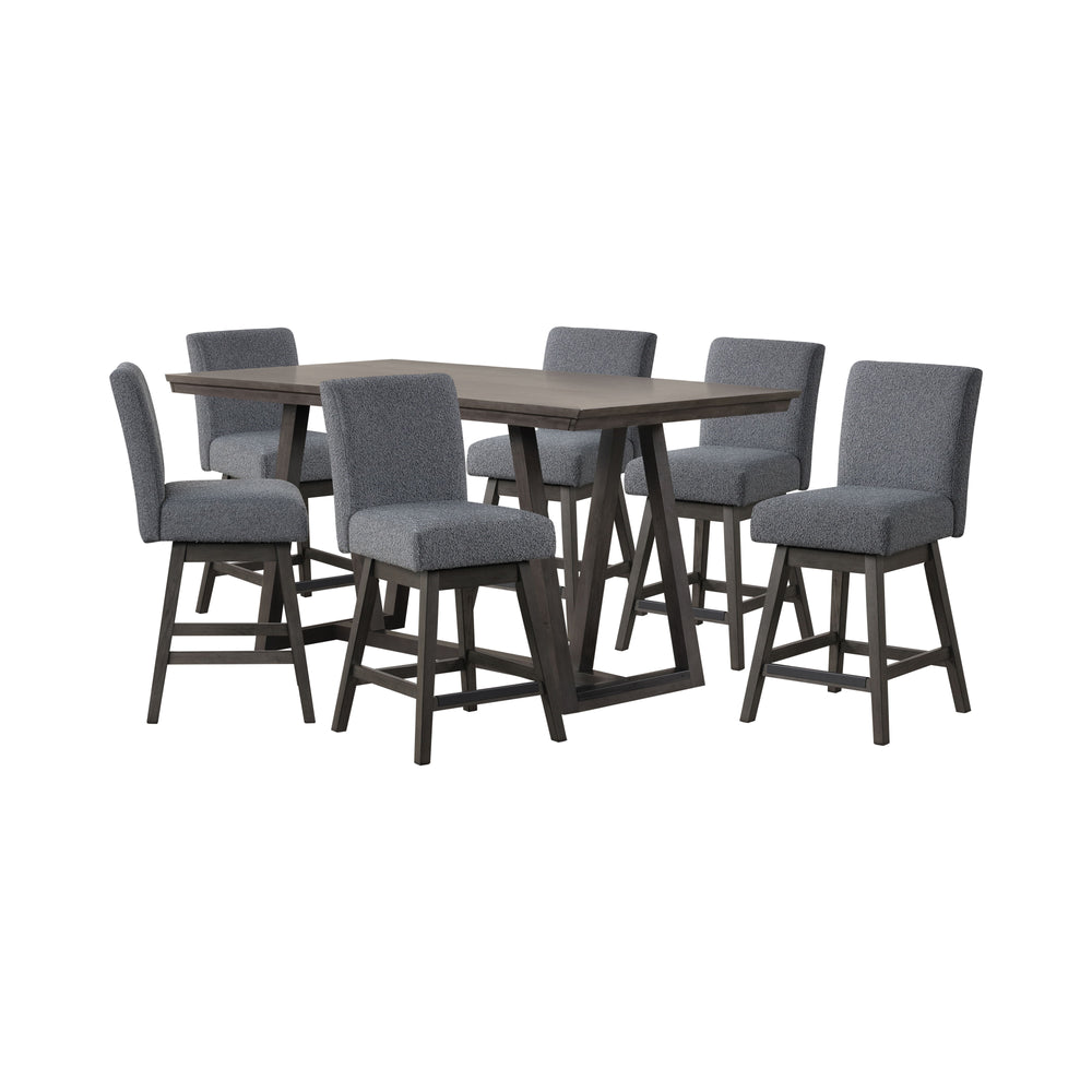The High Line 7 Piece Counter Dining Set with Swivel Stools combines style, durability, and comfort. This set includes a counter-height trestle table and six gray swivel counter chairs, offering both functionality and a modern look. Crafted from solid Aca