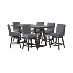 The High Line 7 Piece Counter Dining Set with Swivel Stools combines style, durability, and comfort. This set includes a counter-height trestle table and six gray swivel counter chairs, offering both functionality and a modern look. Crafted from solid Aca