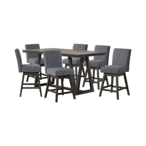 The High Line 7 Piece Counter Dining Set with Swivel Stools combines style, durability, and comfort. This set includes a counter-height trestle table and six gray swivel counter chairs, offering both functionality and a modern look. Crafted from solid Aca