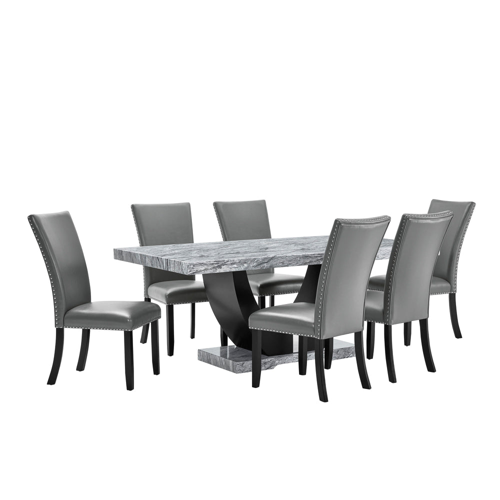 Transform your dining experience with the Lyra 7 Piece Dining Set, a perfect blend of style and practicality. This set features a striking faux marble table and six chic upholstered chairs, designed to bring a touch of contemporary glam to your home. The 