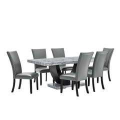 Transform your dining experience with the Lyra 7 Piece Dining Set, a perfect blend of style and practicality. This set features a striking faux marble table and six chic upholstered chairs, designed to bring a touch of contemporary glam to your home. The 