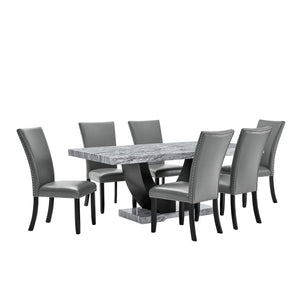 Transform your dining experience with the Lyra 7 Piece Dining Set, a perfect blend of style and practicality. This set features a striking faux marble table and six chic upholstered chairs, designed to bring a touch of contemporary glam to your home. The 