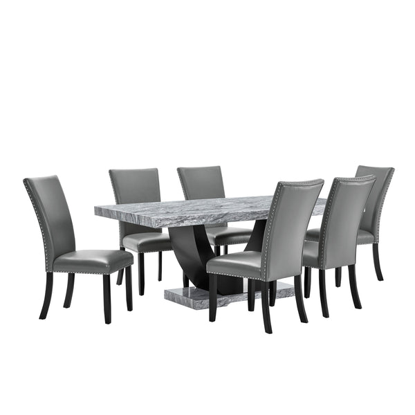 Transform your dining experience with the Lyra 7 Piece Dining Set, a perfect blend of style and practicality. This set features a striking faux marble table and six chic upholstered chairs, designed to bring a touch of contemporary glam to your home. The 