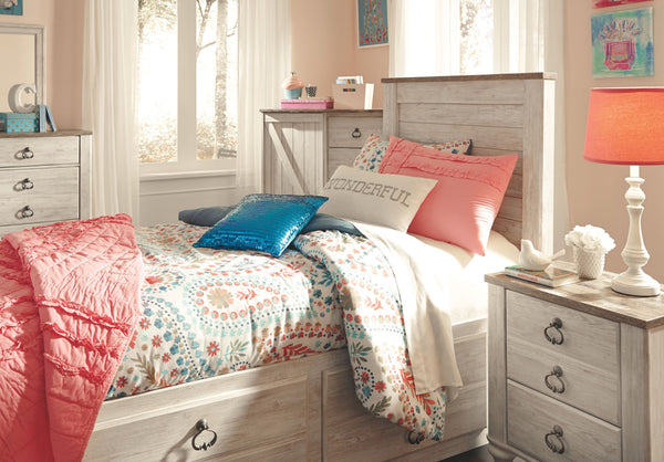 Willowton - Whitewash - Twin Panel Bed with 2 Storage Drawers