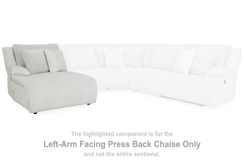 This left-arm facing press-back chaise is made with polyester upholstery. Pairs with other items in the series to make a sectional.<br><br><b>Additional Dimensions</b><br><ul><li>Leg height: 2.25-"</li><li>Minimum width of doorway for delivery: 36-"</li><