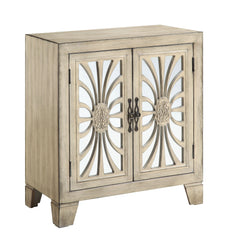 Rectangular Accent Table w/2 Doors Tapered Leg Storage: Glass Doors w/1 Shelf Inside<br/><br/><b>Product Features</b><ul><li>Rectangular Accent Table w/2 Doorsâ€§ Tapered Leg</li><li>Storage: Glass Doors w/1 Shelf Inside</li><li>Pattern & Mirror Front Doo