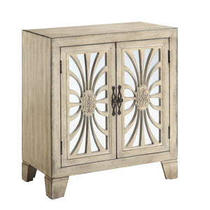 Rectangular Accent Table w/2 Doors Tapered Leg Storage: Glass Doors w/1 Shelf Inside<br/><br/><b>Product Features</b><ul><li>Rectangular Accent Table w/2 Doorsâ€§ Tapered Leg</li><li>Storage: Glass Doors w/1 Shelf Inside</li><li>Pattern & Mirror Front Doo