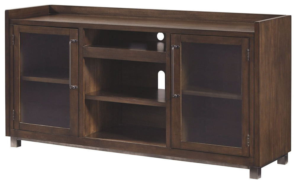 For fans of urban industrial design, this XL TV stand clearly steals the show. Its blend of acacia veneer and wood is beautified with an oiled walnut-tone finish for a highly contemporary aesthetic with grainy, earthy character. Infusion of dark bronze-to