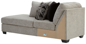 This left-arm facing corner chaise is made with polyester upholstery. Pairs with other items in the series to make a sectional.<br><br><b>Additional Dimensions</b><br><ul><li>Arm height: 33-"</li><li>Leg height: 3-"</li><li>Minimum width of doorway for de