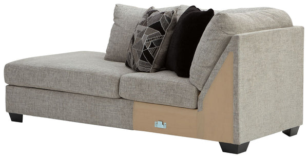 This left-arm facing corner chaise is made with polyester upholstery. Pairs with other items in the series to make a sectional.<br><br><b>Additional Dimensions</b><br><ul><li>Arm height: 33-"</li><li>Leg height: 3-"</li><li>Minimum width of doorway for de