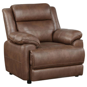Feel like the king, or queen, of the castle with a plush, transitional armchair. Prioritizing comfort, it boasts a wide, relaxed stance complete with pillowtop arms that invite relaxation. The armchair is upholstered in rich brown faux leather, smooth ns 