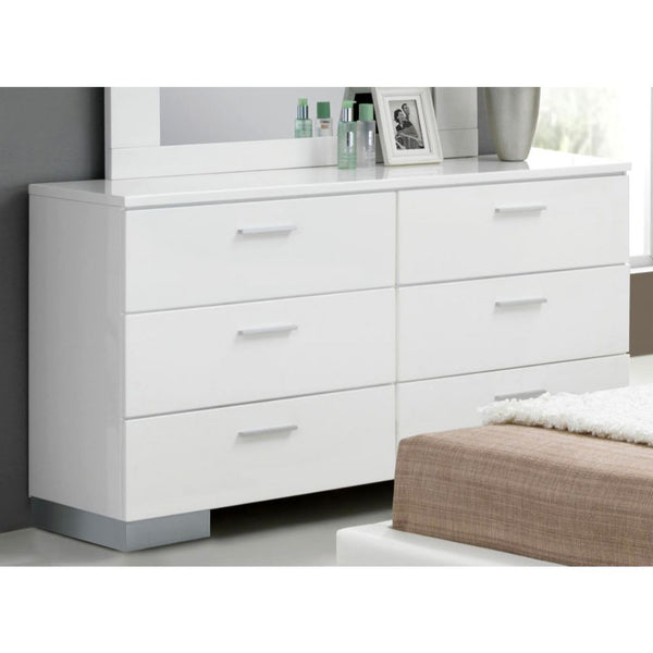 High gloss white finish wraps the Lorimar 6-drawers dresser for a casual yet contemporary look to be added to your home. Keep clothing, accessories and bedding neatly stored away. White finish and horizontal drawer pulls with ball bearing side metal glide