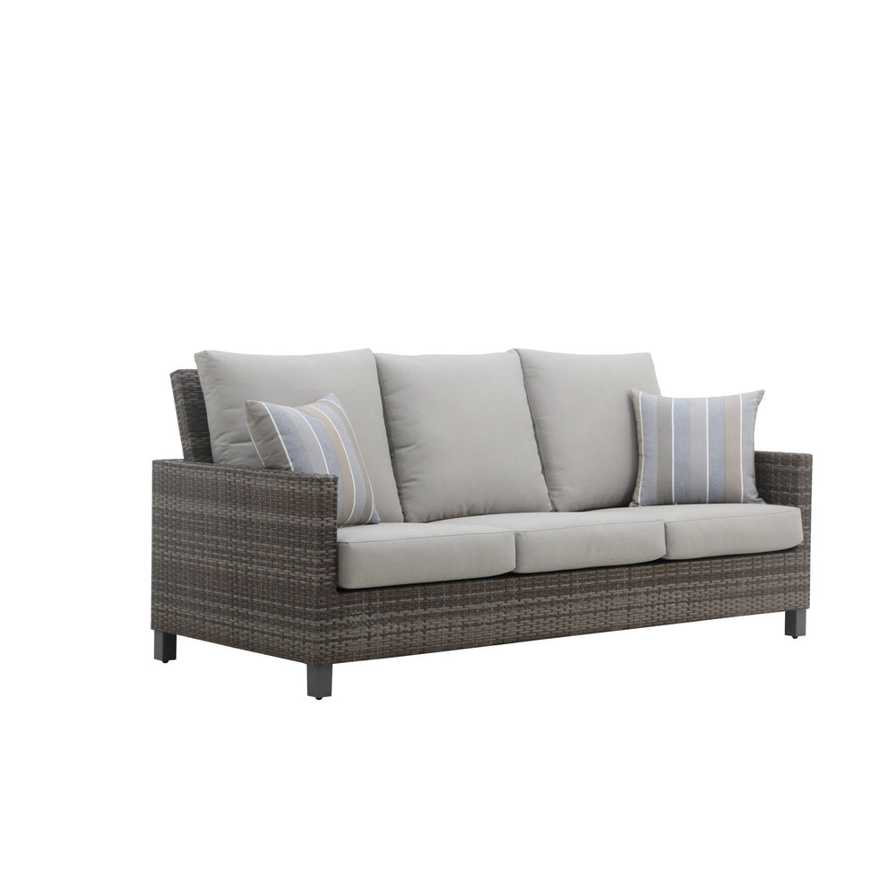 The Bungalow Patio Sofa with 2 Accent Pillows offers the perfect blend of durability and comfort for your outdoor living space. Built to last, its sturdy aluminum frame is powder-coated for superior scratch resistance, ensuring long-term strength. Wrapped
