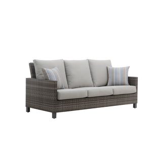 The Bungalow Patio Sofa with 2 Accent Pillows offers the perfect blend of durability and comfort for your outdoor living space. Built to last, its sturdy aluminum frame is powder-coated for superior scratch resistance, ensuring long-term strength. Wrapped