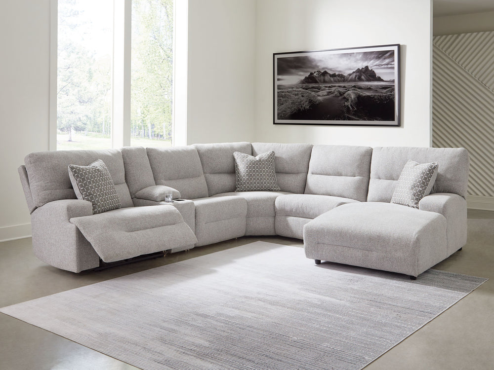 Enjoy the endless adaptability of this power reclining sectional with chaise. Whether youâ€™re hosting guests, setting up for movie night or just need a refresh, the modular design allows you to rearrange the pieces as you please. One-touch controls effor