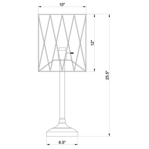  featuring a wire cage shade that highlights a vintage-inspired Edison bulb. The slender torch-style base and tiered round platform create a sleek silhouette. Perfect for desks or accent t