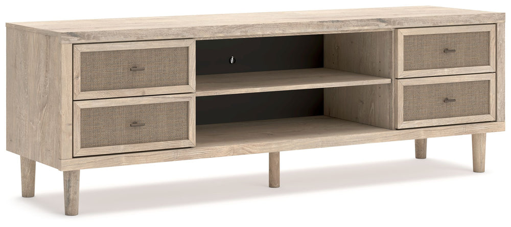 Clean-lined and contemporaryâ€”but far from starkâ€”this TV stand is a fresh style awakening. Pairing a light finish with replicated oak grain and textured beige cane details, its mixed materials bring a naturally versatile vibe to your favorite spot for 