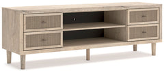Clean-lined and contemporaryâ€”but far from starkâ€”this TV stand is a fresh style awakening. Pairing a light finish with replicated oak grain and textured beige cane details, its mixed materials bring a naturally versatile vibe to your favorite spot for 