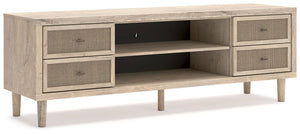 Clean-lined and contemporaryâ€”but far from starkâ€”this TV stand is a fresh style awakening. Pairing a light finish with replicated oak grain and textured beige cane details, its mixed materials bring a naturally versatile vibe to your favorite spot for 