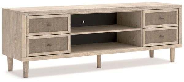 Clean-lined and contemporaryâ€”but far from starkâ€”this TV stand is a fresh style awakening. Pairing a light finish with replicated oak grain and textured beige cane details, its mixed materials bring a naturally versatile vibe to your favorite spot for 