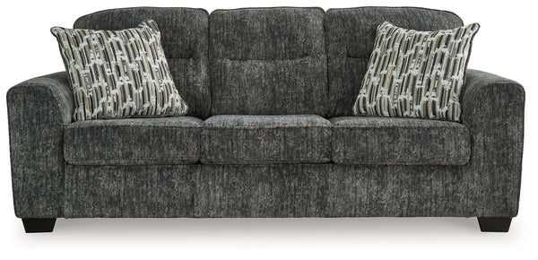This sofa speaks to those drawn to fresh, contemporary style with richly neutral appeal. Subtle and sophisticated, the plush upholstery and dark tri-block legs are a natural complement for so many color schemes. Two accent pillows make the seating even mo
