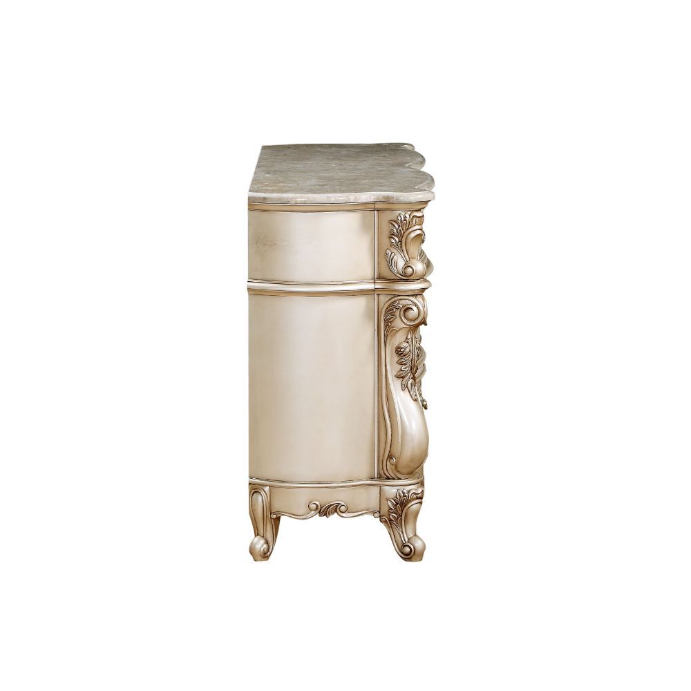 The Gorsedd dresser is exclusively designed and filled with romantic spirit. Expertly detailed, the dresser is crafted with romantic elements combining Queen Anne legs and ornate floral accents in matching antique finish. Add glamorous French provincial c