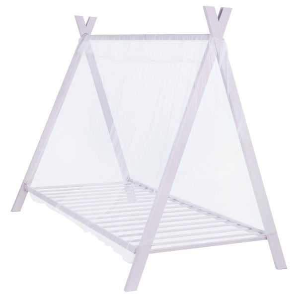 This twin-size tent bed brings a playful touch to any bedroom while offering practical comfort. Crafted from heavy-gauge metal with a powder-coated pink finish, the frame features a charming tent-style design. The included sheer fabric canopy drapes over 