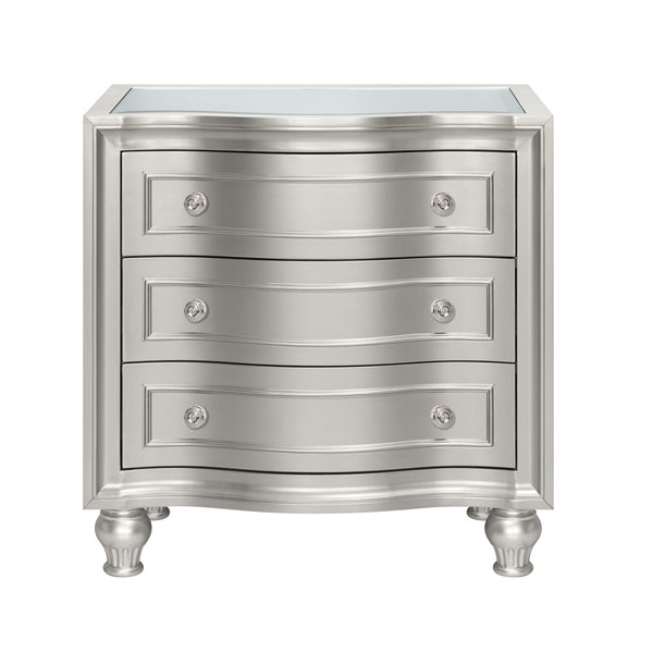  expertly crafted from solid Pine and high-quality manufactured wood to ensure enduring strength and durability. Its glamorous matte silver finish exudes sophistication