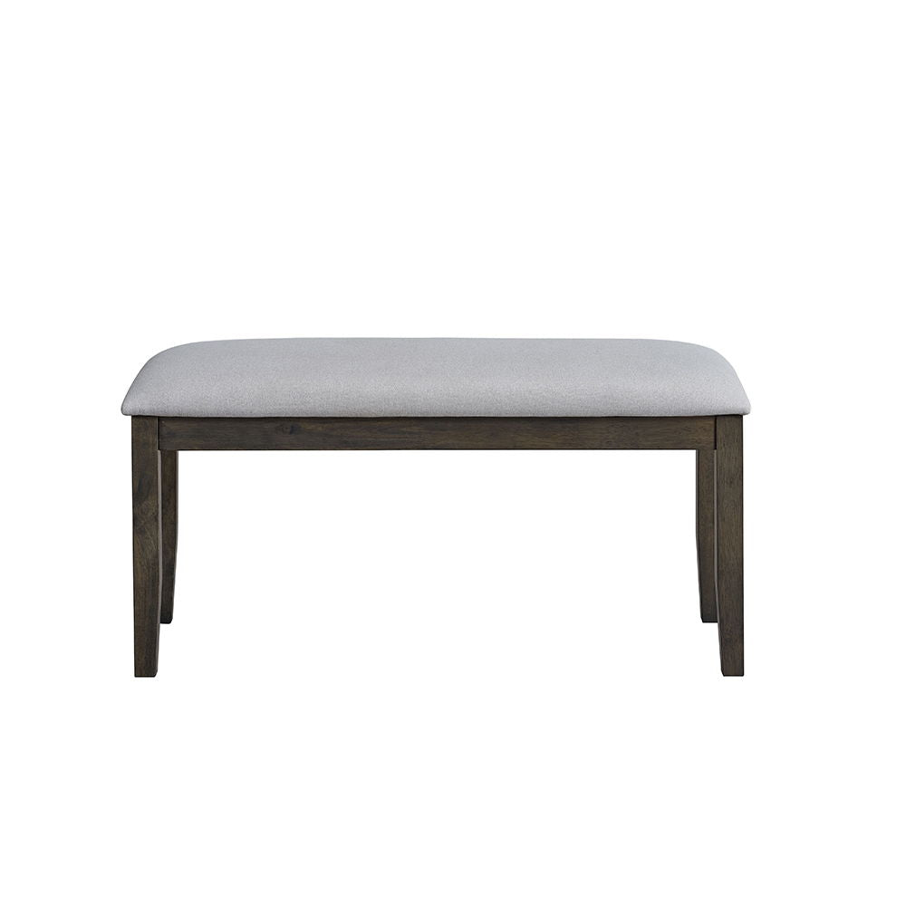 This Marit dining set features a stylish gray finish and an eye-catching -"X-" shape leg design, offering both elegance and stability. The accompanying chairs and bench come with padded seat cushions, providing comfort for extended gatherings. Perfect for
