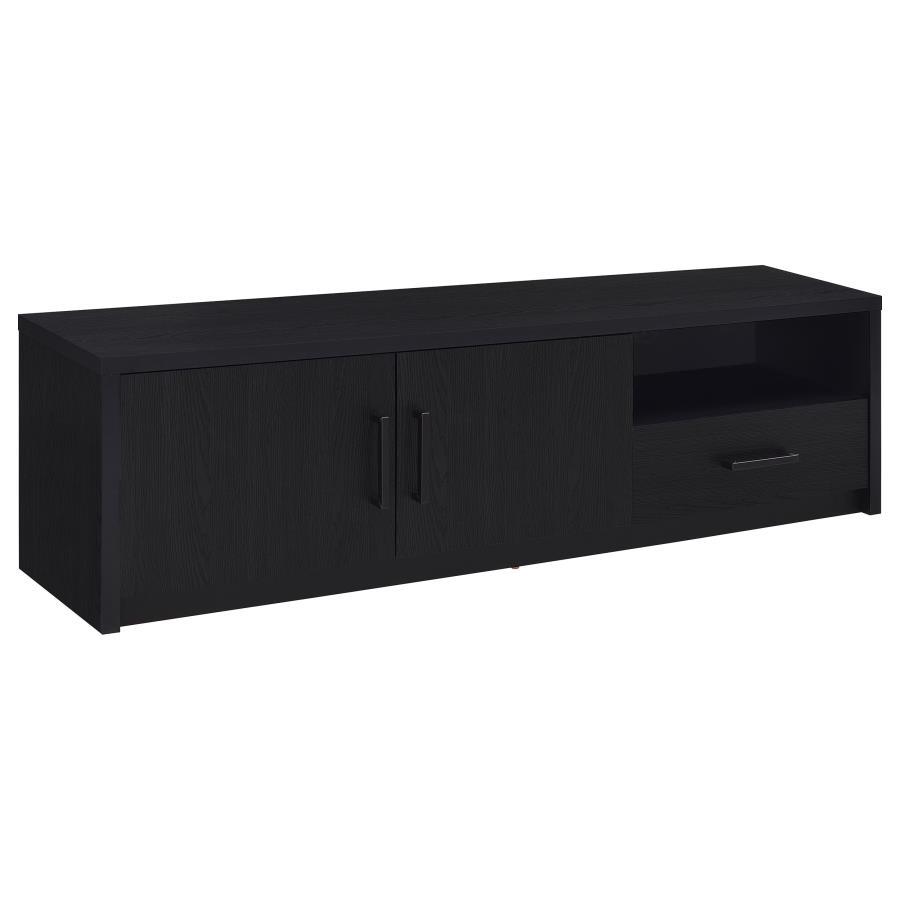 This 70-inch modern TV console entertainment center combines style and function with a durable engineered wood build and eco-friendly paper laminate veneer. The scratch-resistant surface ensures long-lasting durability, while its clean design features two