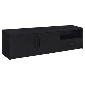 This 70-inch modern TV console entertainment center combines style and function with a durable engineered wood build and eco-friendly paper laminate veneer. The scratch-resistant surface ensures long-lasting durability, while its clean design features two