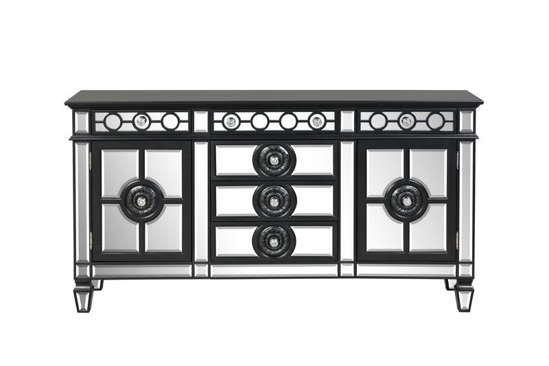 Server Storage: 6 Drawers, 2 Doors (Inside 2 Compartments w/1 Wooden Shelf) Wooden Top & Frame, Raised Geometric Trim, Beveled-Mirror Inlay (Door/Drw/Case), Tapered Leg CONSTRUCTION] Wooden Frame: Beveled Mirror, Wood (Poplar+Rbw), MDF Mirrored Tapered Le