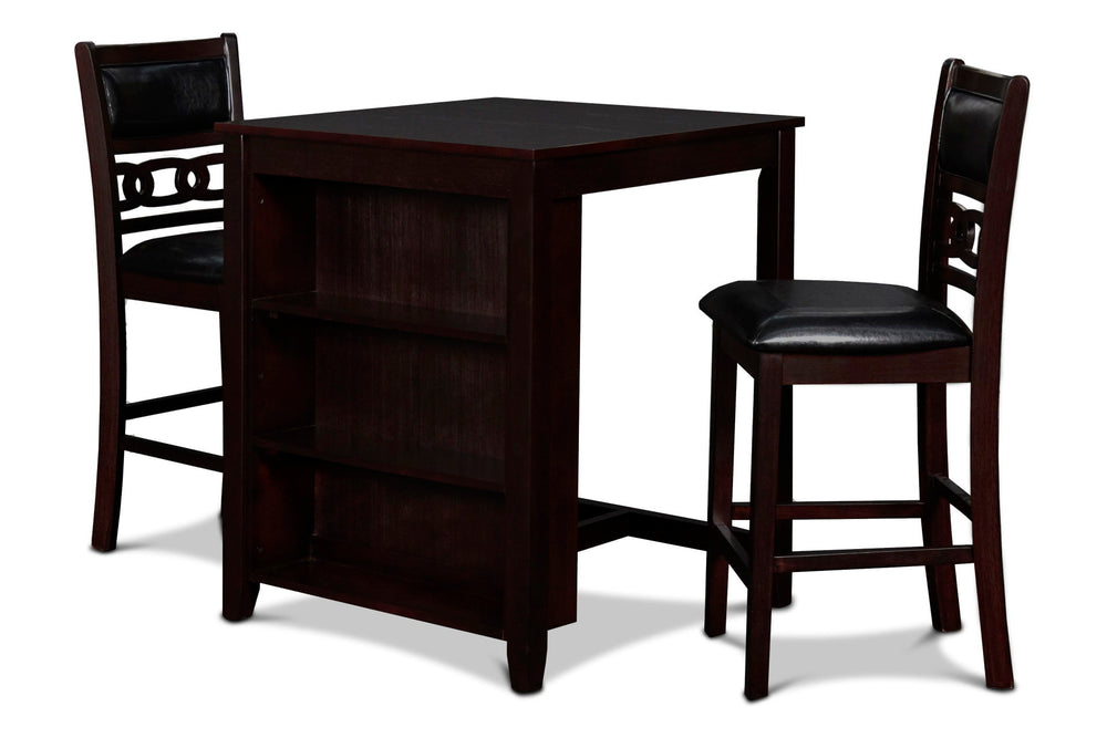 The small space friendly Gia Counter Storage Table and Chair Set has a built-in shelf unit that provides the ideal spot for dinnerware or kitchen essentials. The dining table and chair legs are crafted of solid Rubberwood to add strength and stability. Mi
