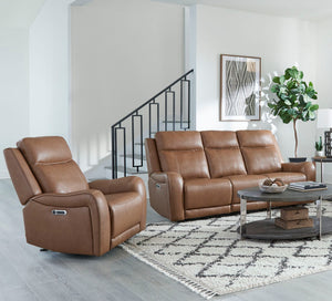 Covered in rich Butternut leather with a custom match, the Haywood Power Sofa Group offers the ultra comfortable feel of classic motion upholstery with updated modern touches. Bold padded contoured arms add an element of softness while the contrasting dec