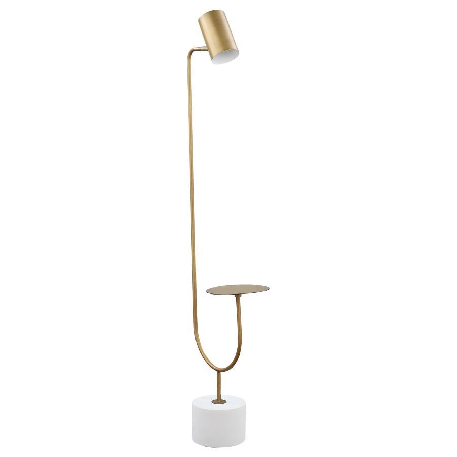 Illuminate your contemporary living room with this eye-catching, modern floor lamp. Designed in a cantilever-inspired style, this striking floor lamp presents a slim metal stand situated on a thick cement base. A slender arm in a gleaming antique brass fi