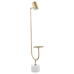 Illuminate your contemporary living room with this eye-catching, modern floor lamp. Designed in a cantilever-inspired style, this striking floor lamp presents a slim metal stand situated on a thick cement base. A slender arm in a gleaming antique brass fi