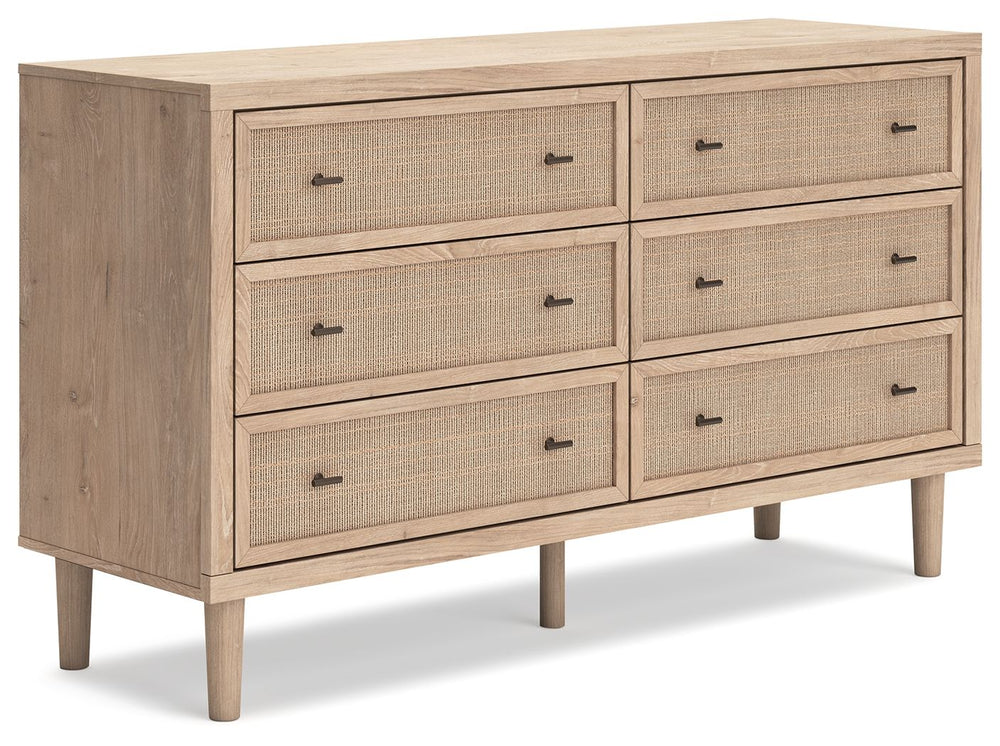 Clean-lined and contemporaryâ€”but far from starkâ€”this dresser is a fresh style awakening. Pairing a light finish with replicated oak grain and textured beige details that replicate the look of cane, its mixed materials bring a naturally versatile vibe 