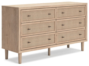 Clean-lined and contemporaryâ€”but far from starkâ€”this dresser is a fresh style awakening. Pairing a light finish with replicated oak grain and textured beige details that replicate the look of cane, its mixed materials bring a naturally versatile vibe 