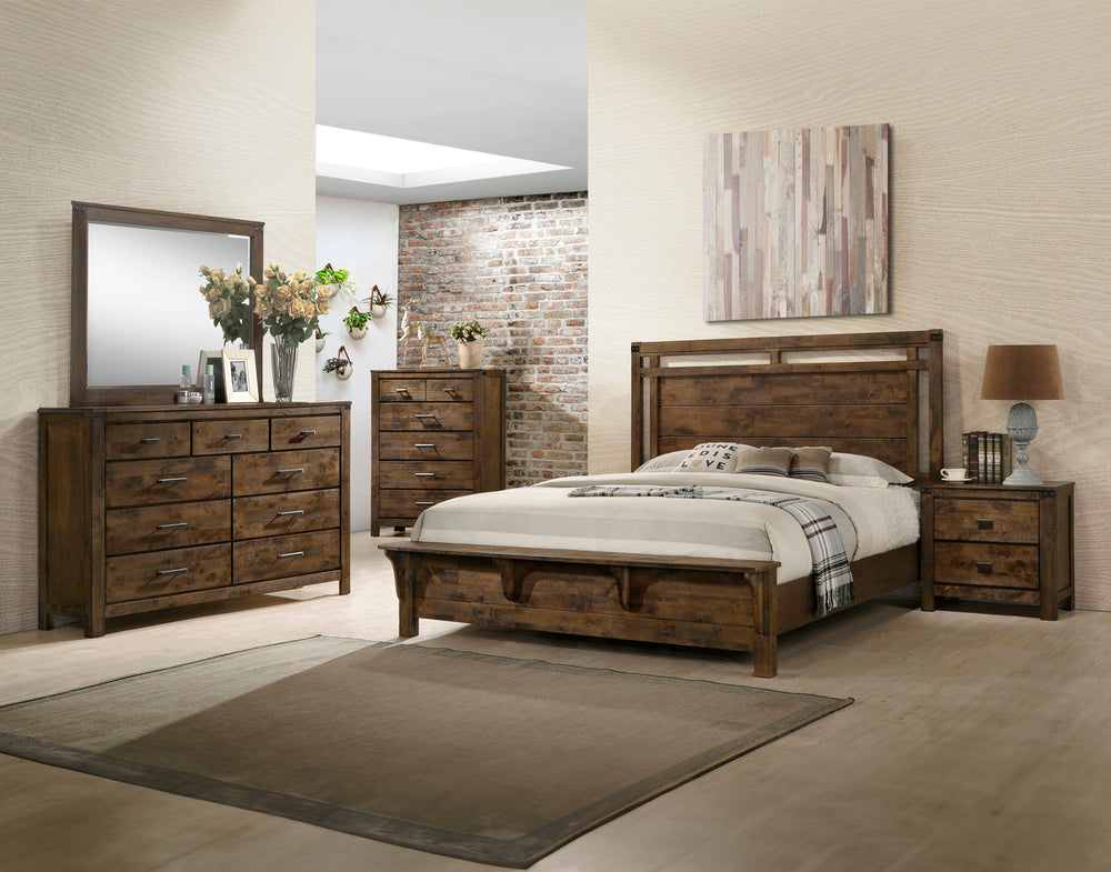 Immerse yourself in the rustic charm of this inviting bedroom collection that captures the essence of a serene retreat. The robust bed, with its sturdy frame and rich, weathered wood finish, conjures the warm allure of a mountain lodge. Complementing the 