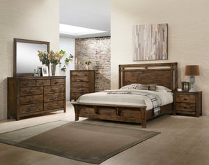 Immerse yourself in the rustic charm of this inviting bedroom collection that captures the essence of a serene retreat. The robust bed, with its sturdy frame and rich, weathered wood finish, conjures the warm allure of a mountain lodge. Complementing the 